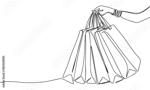 Continuous Line Art of Hand Holding Shopping Bags