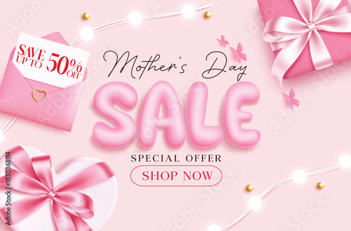 Mother's day sale clipart design. Mother's day with inflatable balloon sale text 50% off shopping discount clip art with pink gift box, heart, lights and envelope background elements for holiday 