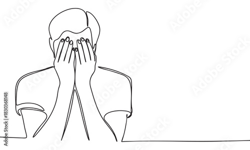 Continuous Line Drawing of a Person Covering Face in Distress