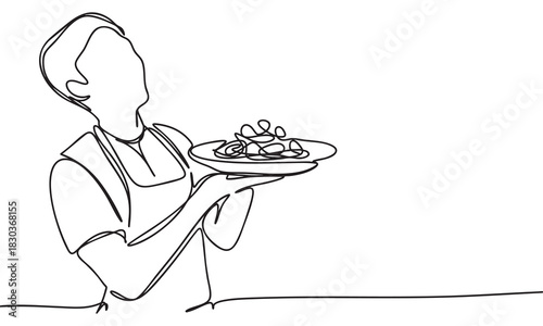 Chef Presenting a Delicious Dish in One Line Art