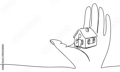 Continuous Line Drawing of Hand Holding a Small House