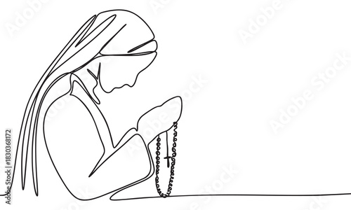 Continuous Line Drawing of a Praying Woman with Rosary