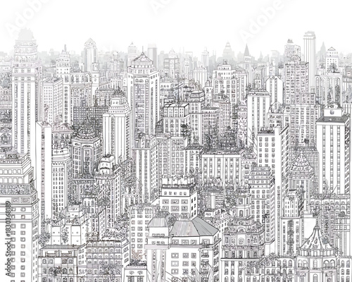 Detailed black and white sketch of a dense urban cityscape with many buildings