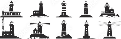 Lighthouse silhouette icon set, coastal tower variation collection, maritime beacon graphics, black white vector, cad drawing flat vector illustration