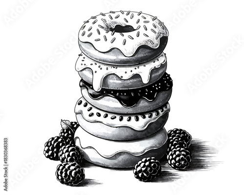 Black and white illustration of a stack of delicious donuts with fresh blackberries