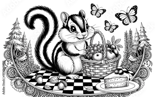 Whimsical chipmunk with fruit basket and cake in forest setting