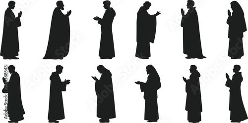 Prayer silhouette icon set, spiritual figure pose collection, religious robe posture graphics, black white vector, cad drawing flat vector illustration