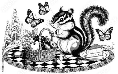 Chipmunk enjoys a picnic with fruit basket butterflies and cake
