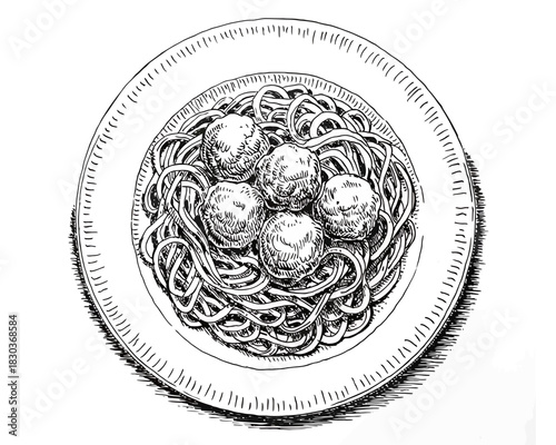 Hand drawn illustration of spaghetti and meatballs on a plate
