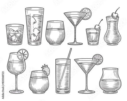 Collection of hand drawn alcoholic and non alcoholic drinks in various glasses