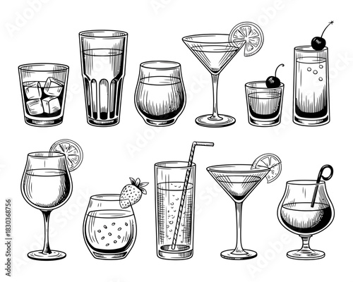 Collection of hand drawn cocktail glasses and drinks in sketch style