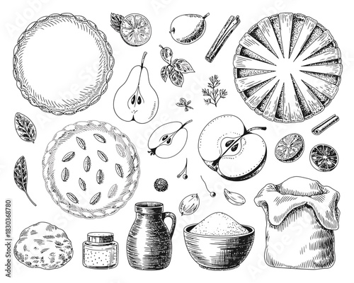 Hand drawn baking ingredients and desserts collection