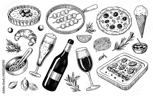 Hand drawn sketch of various food and drink items on white background