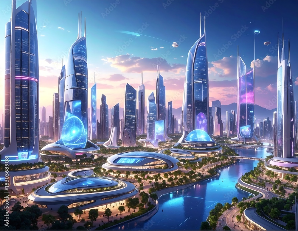 Fototapeta premium A vibrant cityscape with futuristic skyscrapers and a waterway