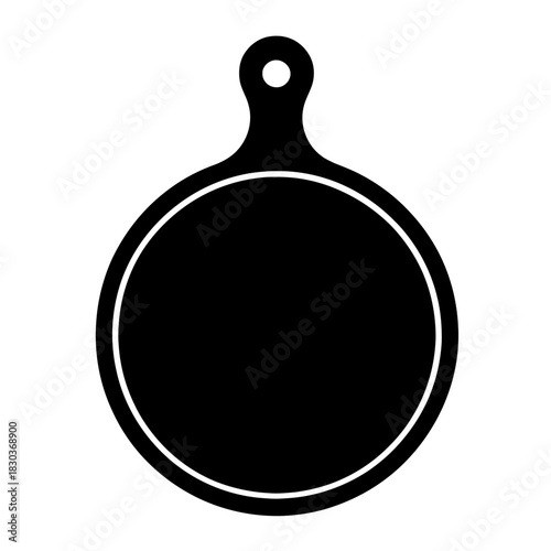 Elegant Minimalist Black Round Cutting Board Silhouette Icon with Handle. Versatile Kitchen Utensil Graphic for Food Preparation, Serving, Pizza, Cheese. Perfect for Culinary Blogs
