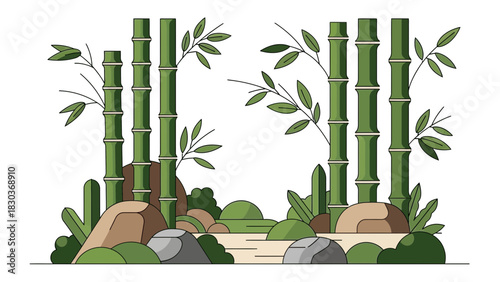 Stylized bamboo forest scene with smooth stones and detailed foliage, perfect for adding a natural, calming element to your project with an Asian flair