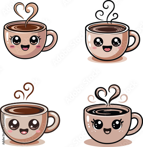 Set of adorable kawaii coffee cups with heart shaped steam perfect for valentine s day or a cute coffee shop promotion isolated on white