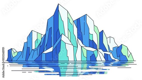 Stunning iceberg formation reflected in icy waters, perfect for conveying themes of climate change, environmental awareness, and arctic exploration visuals