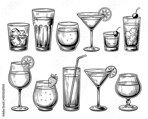 Collection of hand drawn cocktail and beverage glasses with garnishes