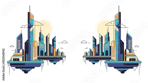 Futuristic cityscape with floating islands, showcasing a visionary architectural design and urban planning, perfect for illustrating technological advancement