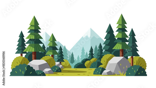 Scenic mountain landscape illustration with lush green pine trees, rocky outcrops, and a vibrant meadow, conveying a sense of peace and outdoor adventure