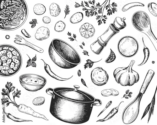 Hand drawn sketch of various ingredients and cooking utensils on white background