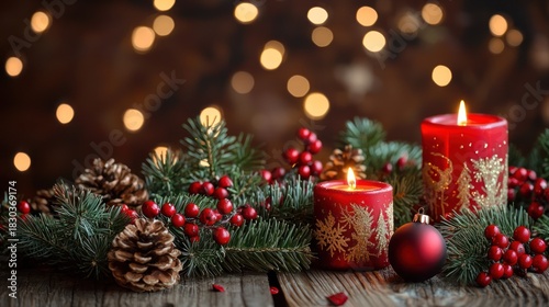 Two red candles with green branches and berries on a wooden table with a dark background.