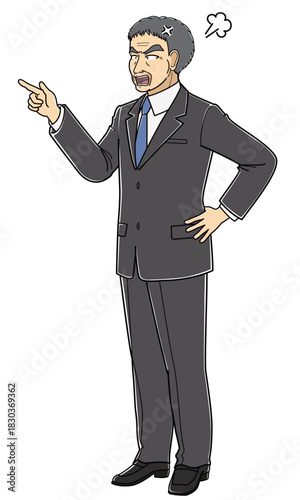 指差ししながら怒っているスーツの中年男性