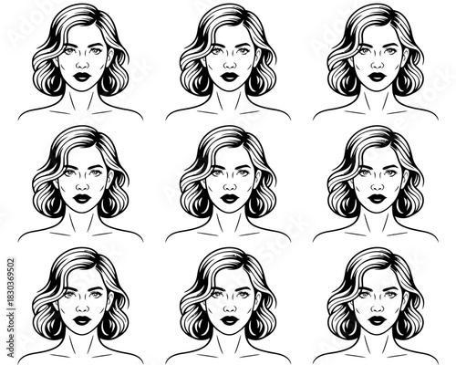 Vintage style woman portrait repeating pattern black and white illustration