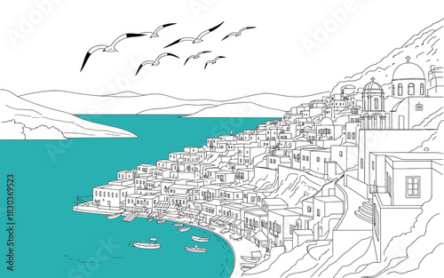 Seagulls fly over a picturesque coastal village with white buildings and blue sea