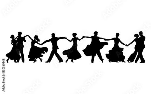 Silhouettes of couples dancing ballroom dance in a circle
