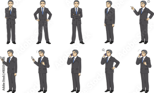 スーツの中年男性・全身・正面・斜め向き・10種セット