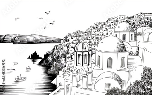Black and white sketch of santorini island with white buildings and blue domes