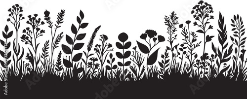 Black and white wildflower silhouette vector illustration - floral border design eps