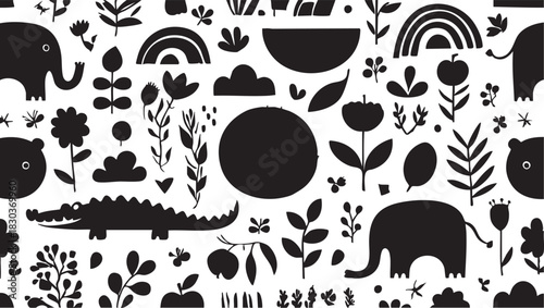 Black and white animal and plant vector pattern, seamless design eps silhouette