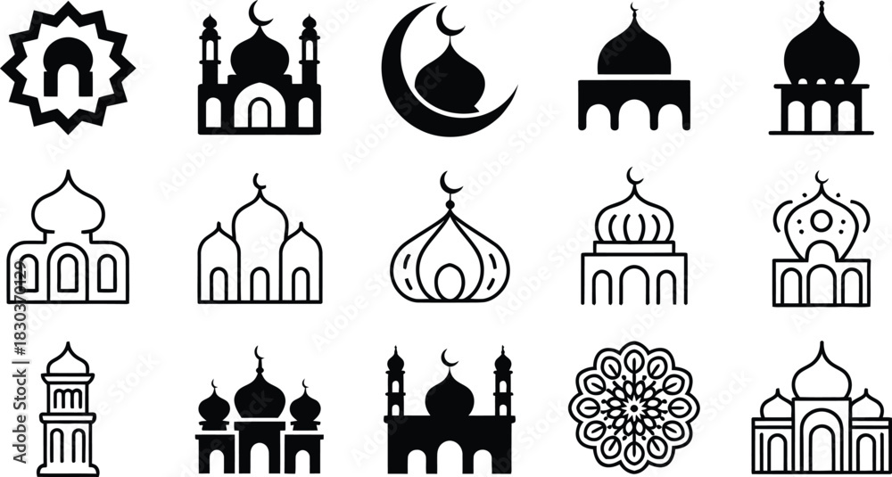 Fototapeta premium Collection of islamic mosque icons in black and white representing religious architecture and cultural heritage for design and illustration projects