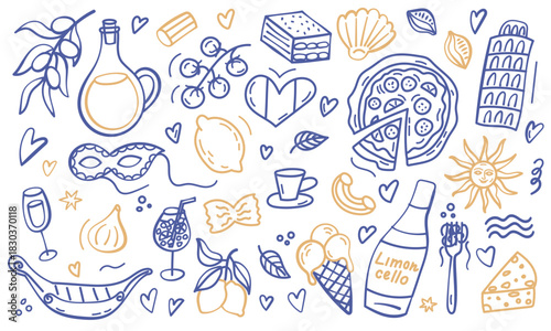 Bright hand drawn Italy themed doodle set with pizza, wine, lemons, gondola, cup, landmarks and food icons. Fun illustration for travel designs and Mediterranean concepts.