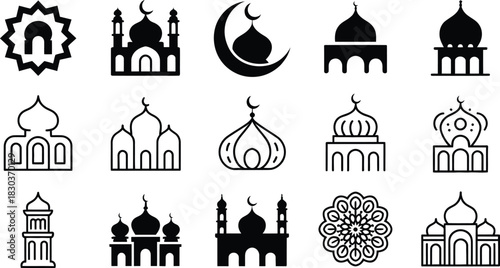 Collection of islamic mosque icons in black and white representing religious architecture and cultural heritage for design and illustration projects