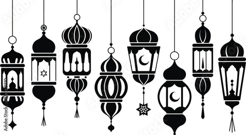 Elegant black and white silhouette illustration of traditional islamic lanterns hanging perfect for ramadan eid or cultural celebrations with a minimalist aesthetic