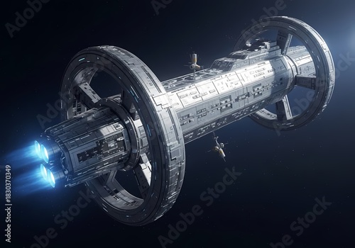 Fototapeta Naklejka Na Ścianę i Meble -  A futuristic space station with rotating rings and active thrusters in deep space