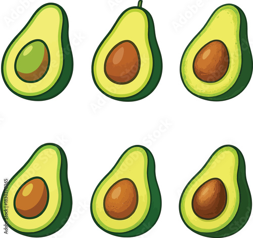 Six halved avocados with pits on a light background