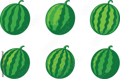 Six whole green watermelons arranged in two rows on a light background