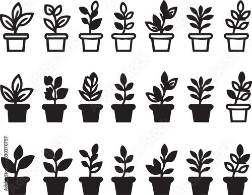 Potted plant vector set: line art and silhouette icons for gardening and decor eps