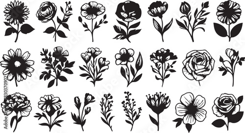 Black and white flower vector pack: floral silhouette designs for crafts and graphics eps