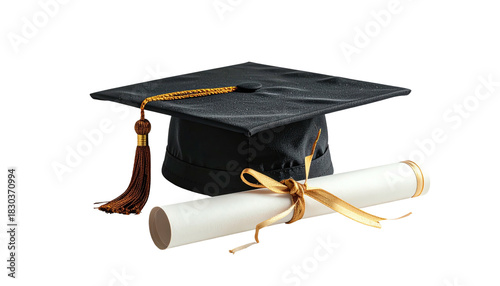 Grad cap and diploma roll, golden tassel