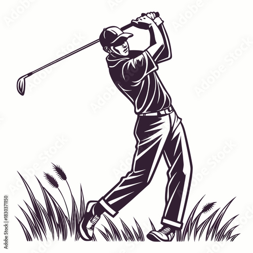 Silhouette of a cartoon golf player swinging a club with a ninja-style sketch look