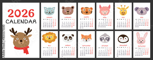 2026 calendar with cute animals. Yearly planner calendar with all months and week start on Monday