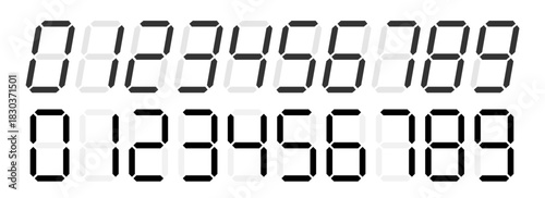 Digital numbers collection from 0 to 9. Seven-segment display for clock or price tag with black digits