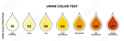 Urine color test with pee drops. Vector design for medical education about hydration and dehydration levels