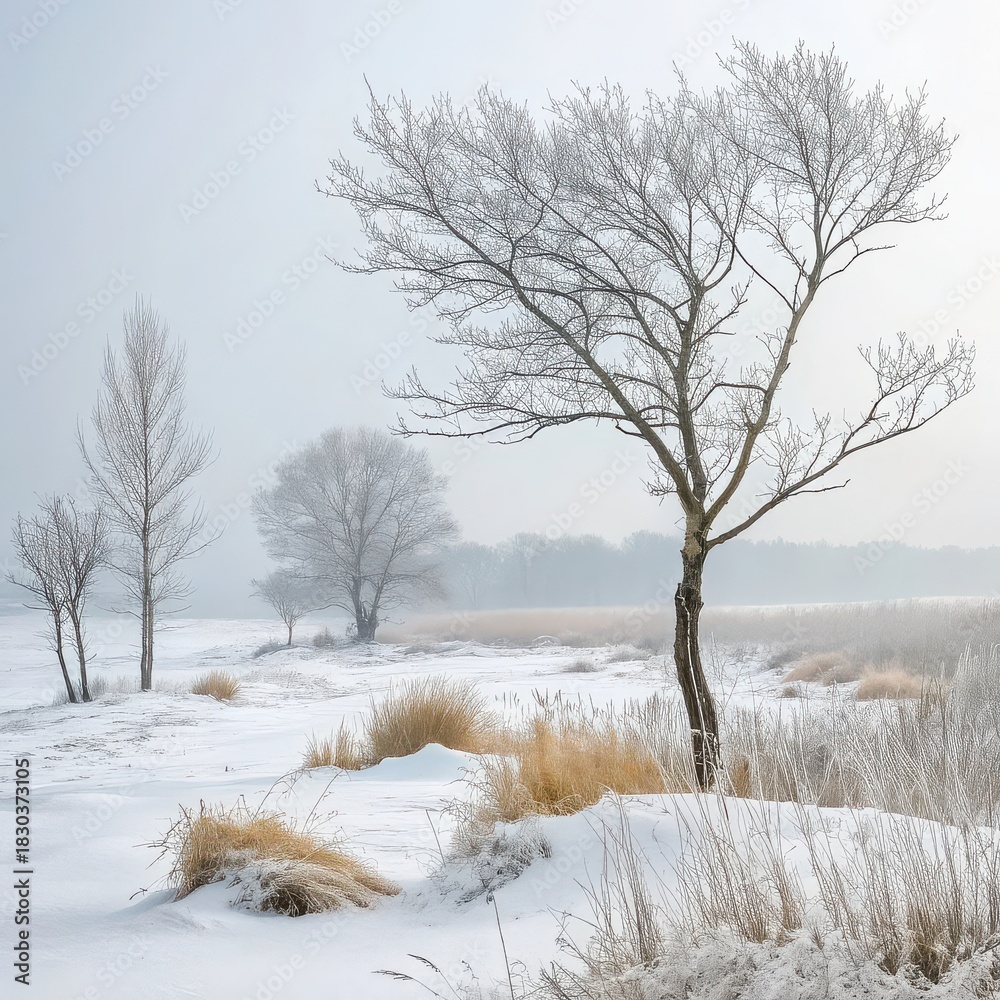 Obraz premium Winter landscape with frosted trees and snow covered ground